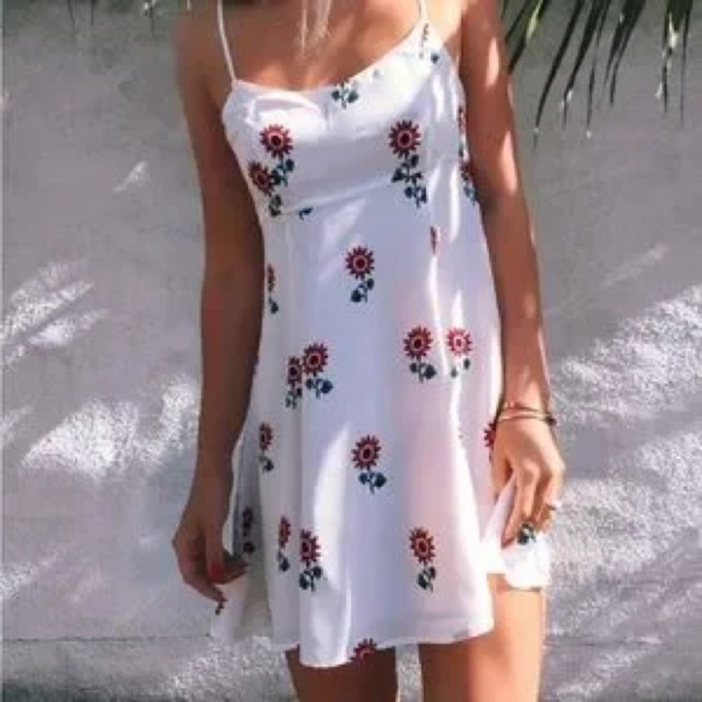 Stone Cold Fox Sun Silk Cream Dress with Red Floral Accents